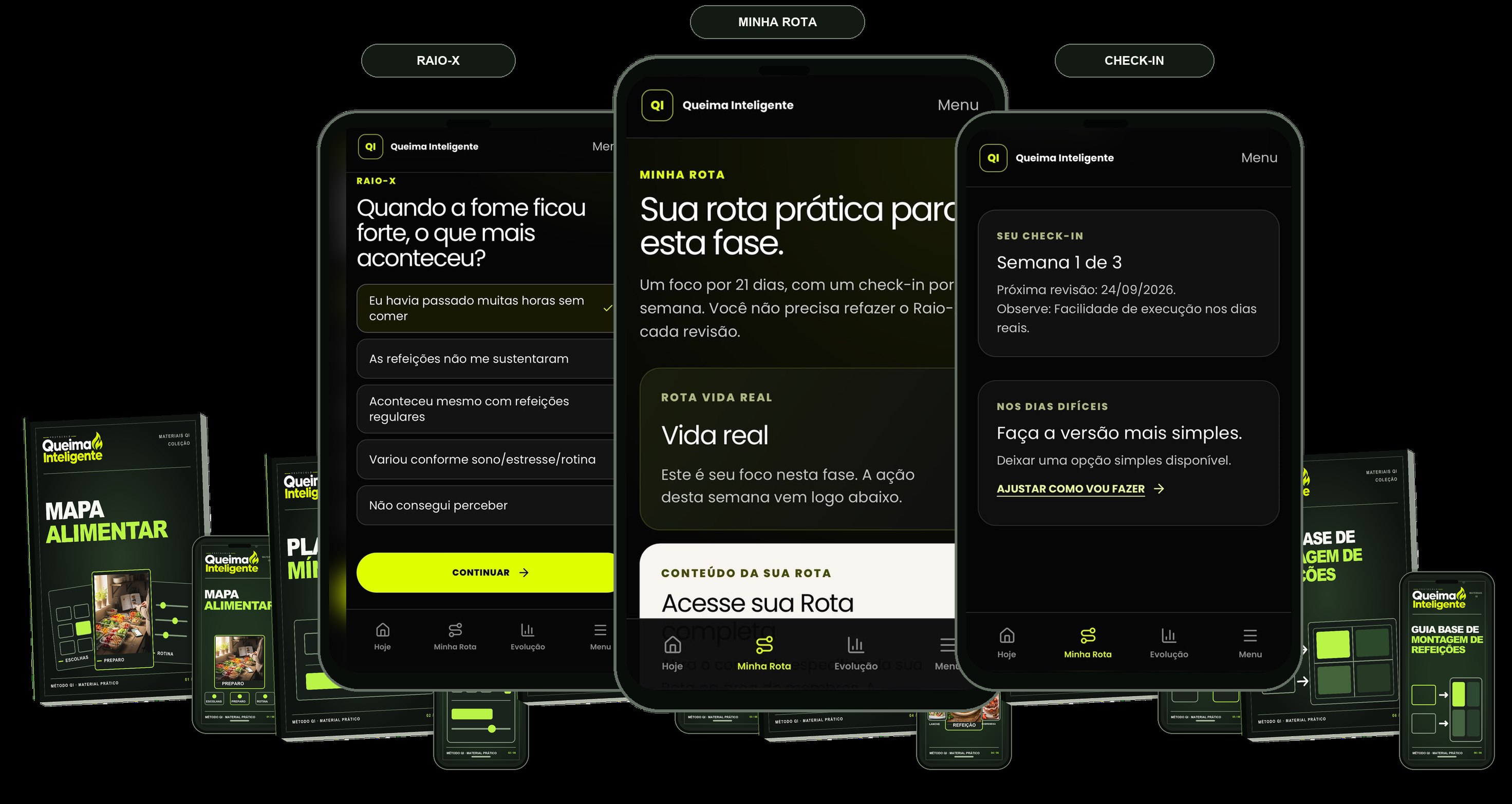 Telas reais do Raio-X, Minha Rota e Check-in do Queima Inteligente
